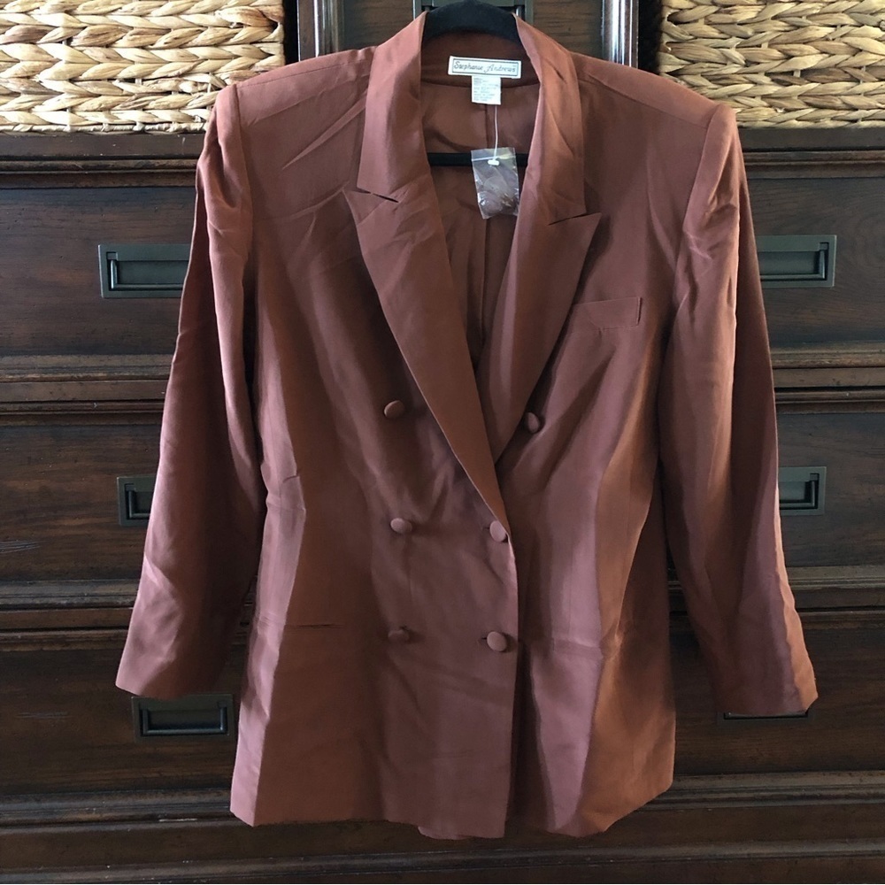 Vintage Sephanie Andrews brown 100% silk double button menswear blazer in 10P